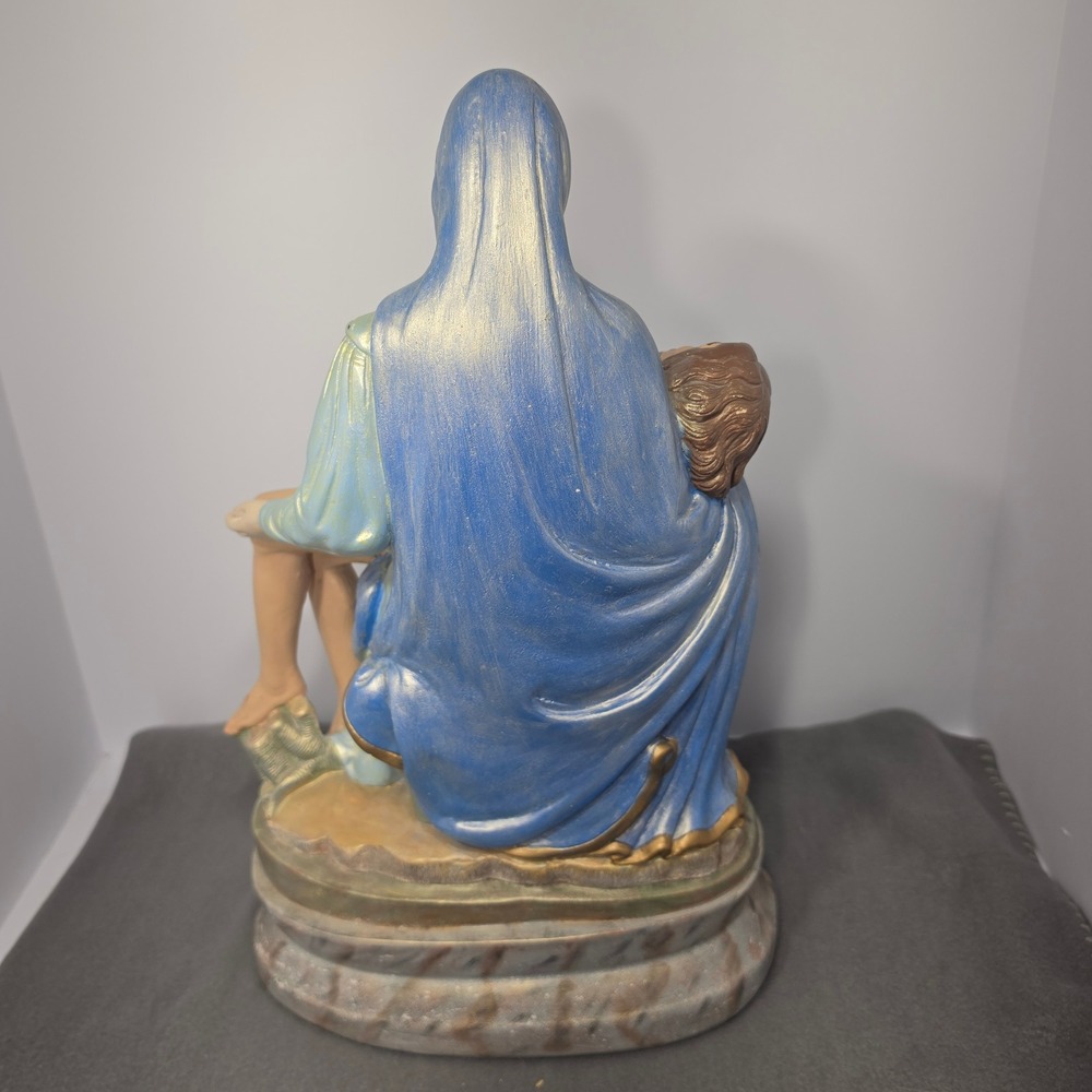 Vintage Pieta Statue Mary Jesus Religious Sculpture Blue Gold Chalkware 16in - Picture 13 of 15
